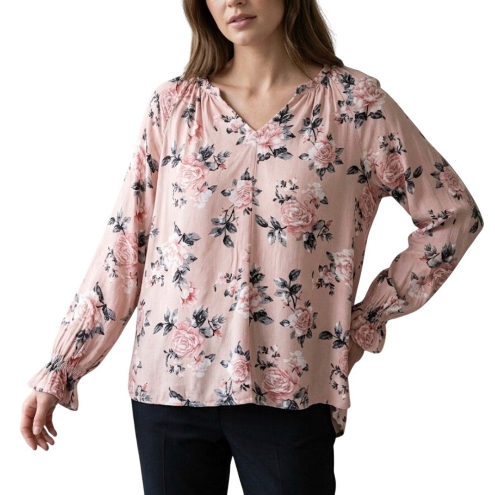 C&C California Pink Floral Long Sleeve Blouse Smocked Cuff Rayon Top Large NEW